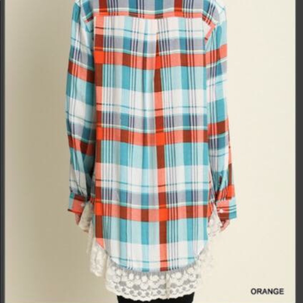 Umgee orange & blue plaid top - Picture 3 of 3